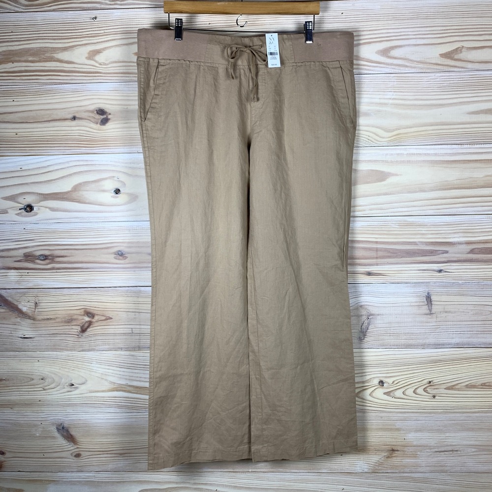 NY&C Soho Street Pants Womens XL Tan Wide Leg Linen Blend Drawstring New